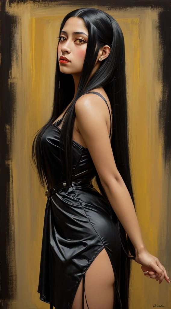 oil painting, visible brushstrokes, from ground, from side, dutch angle, 1girl, yellow eyes, fit latina, very long black hair, solo, 1910s, minidress