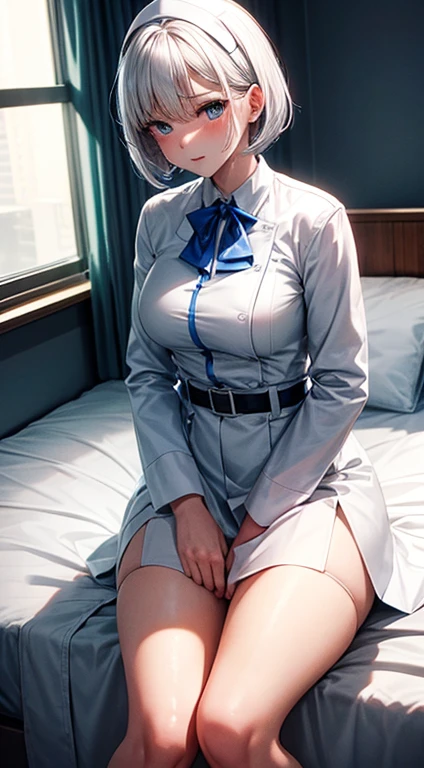 single hair bun,Pov,Open the Second button,View from below,fullbody,man on top,torn pantyhose,black hair,30s,open legs,On bed, on men,kneeling, cabin crew,