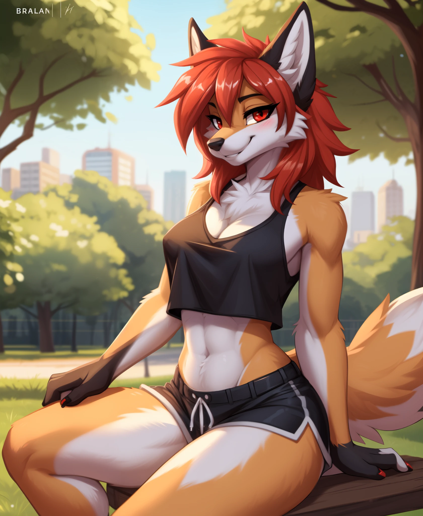 (best quality, masterpiece:1), solo, furry female anthro, fur texture, red eyes, yellow sclera, (crop top, midriff, booty shorts), (smile, seductive smile), blushing, fingers, finger claws, sexy pose, looking at viewer, medium hair, parted lips, seductive, fox tail, (outdoors, park), upper body shot, by zackary911, by fluff-kevlar, by wizzikt, by ruaidri, by braeburned, by dacad, by zaush