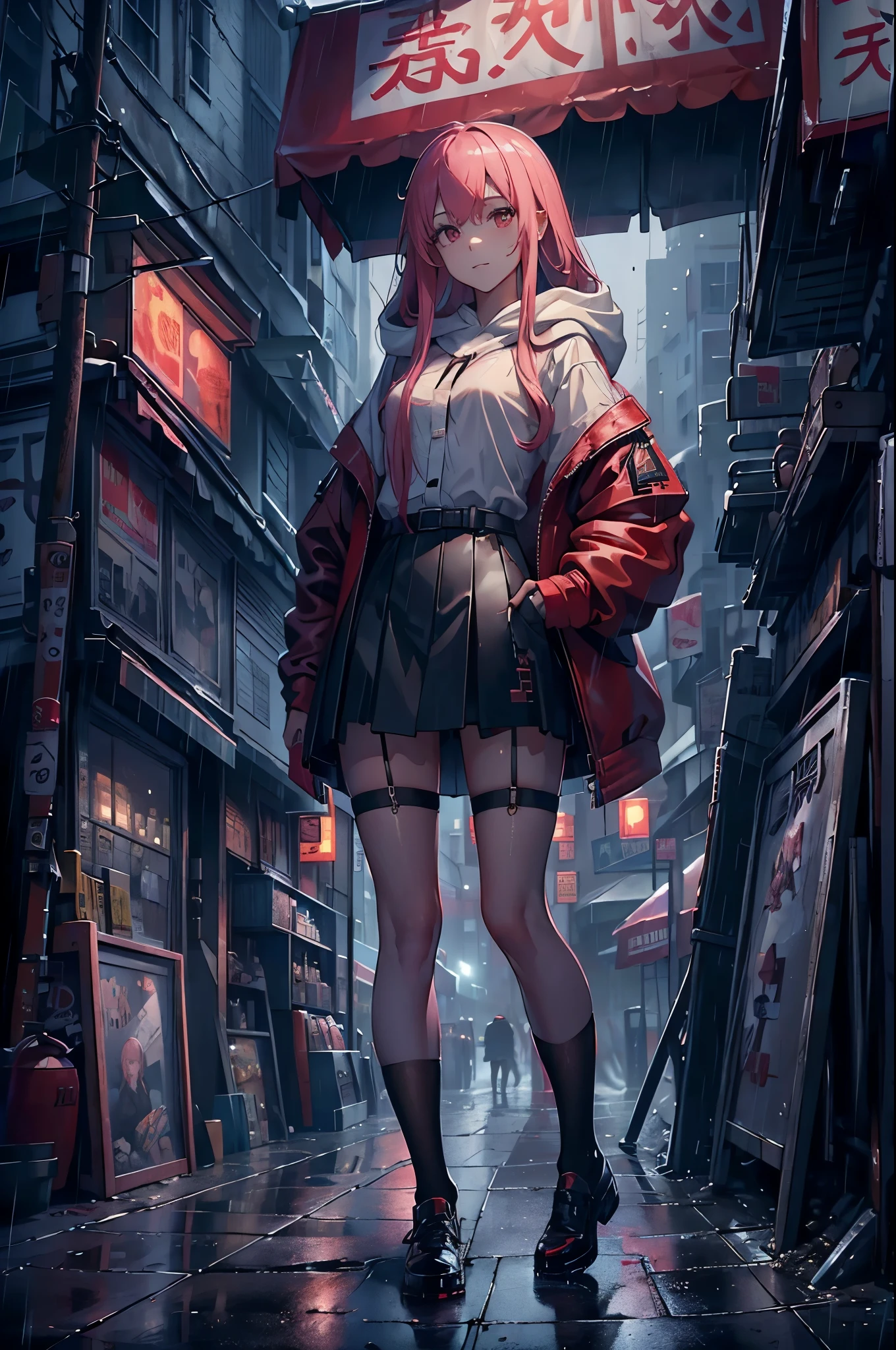 (8K,tmasterpiece,Best quality,hyper-detailing,realistically),Extremely detailed face,电影灯光,ray traycing,unlit hair, On cloudy streets,Guangming Street,Corner store,stairways,Torrential rain and heavy rain,Girl with long pink hair and black eyes,ssmile,She is wearing a red hooded jacket,Put on a hood,White color blouse,Short black skirt and black garter belt,Martin shoes,Clothes soaked by rain,Black exposure,outdoor depth tent ,