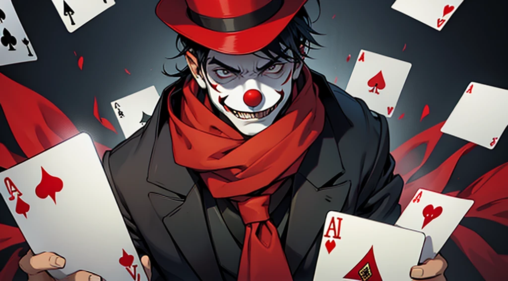 Man in top hat and clown mask and red scarf holding a knife and in the background full of cards taking dogo