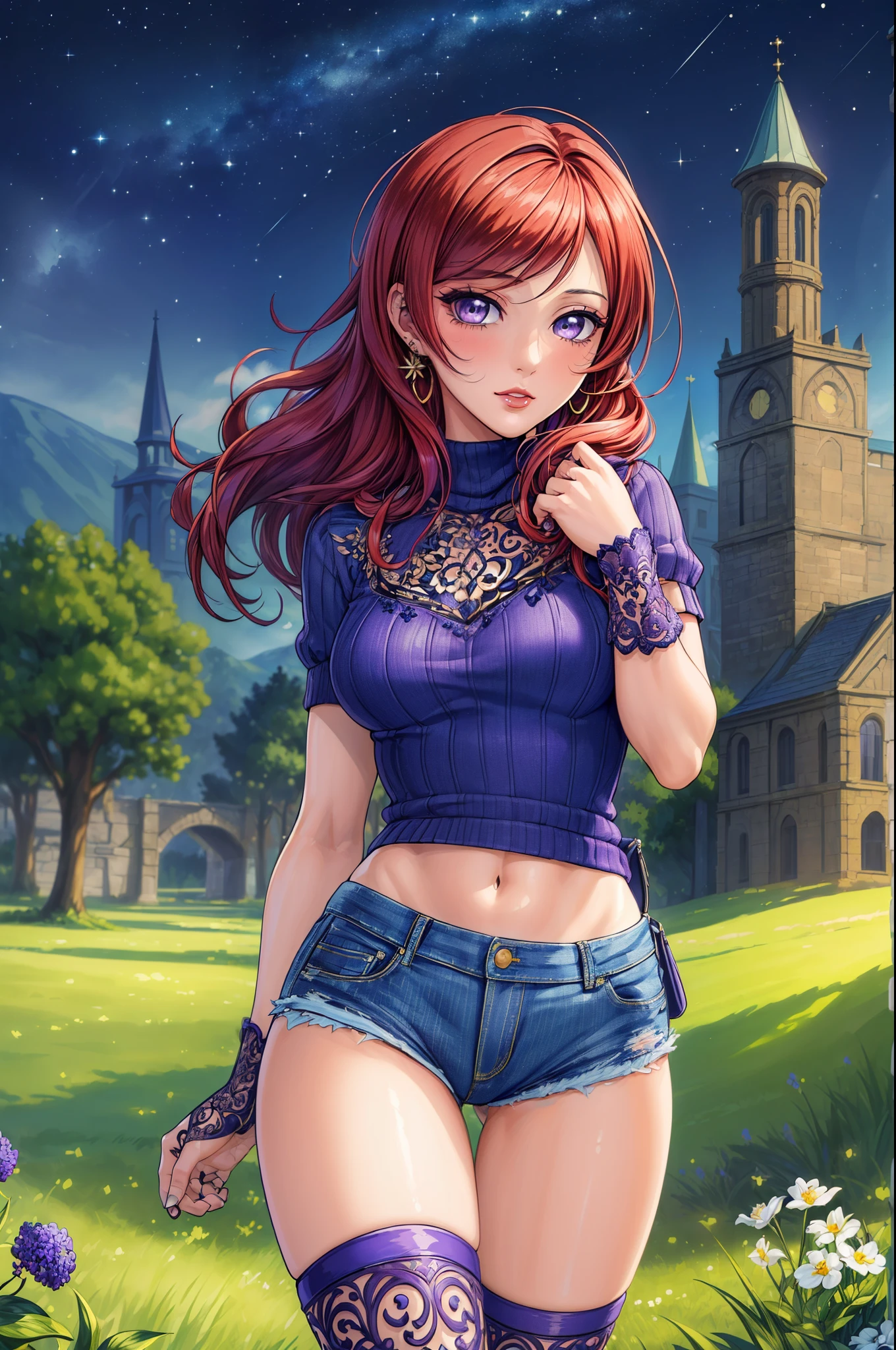 (Masterpiece, Best Quality, High Quality:1.4), professional artwork, well drawn, Intricate Details, field of view,
Nishikino maki, race background, night, 
Red hair, lipstick, makeup, ultra detail hair, ultra detail face, perfect eyes, perfect face, earring, purple eyes, sad,
Tight short denim shorts, tight sweater,long socks.