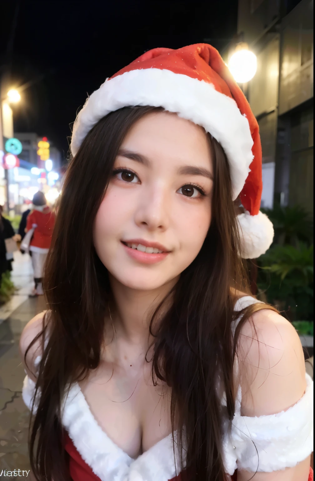 (8k, RAW photo, best quality, mastery:1.3), (realistic, photo-realistic:1.37), (looking viewer:1.331), (brunette hair), posing, Tokyo street, nightcityscape, cyberpunk city, soft light, 1girl, extremely beautiful face , Perfect body proportions, (small face: 1.1), bust, casual hairstyle, smile, big eyes, (off-shoulder Santa outfit, santa hat), mix4, detailed eyes