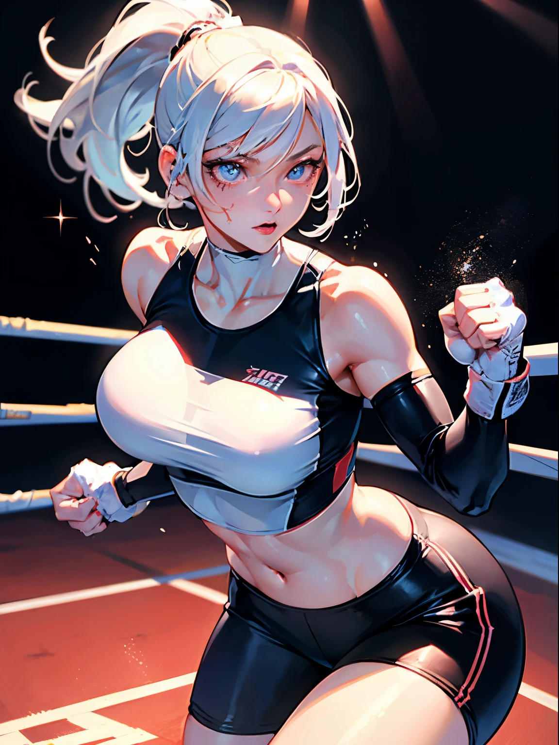 (Best Quality, masutepiece),ultra detailed photographic,1girl in, female boxing athlete ,Large breasts,nice legs,At the boxing venue,Detailed beautiful face,Beautiful eyes,detailed hairs,detailed  clothes,Detailed realistic skin,Cool,Dynamic Angle,shine eyes in dark,