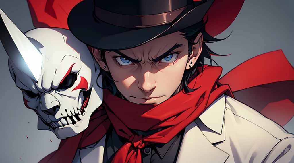 Man in top hat and clown mask and red scarf very angry looking at the viewer and holding a knife