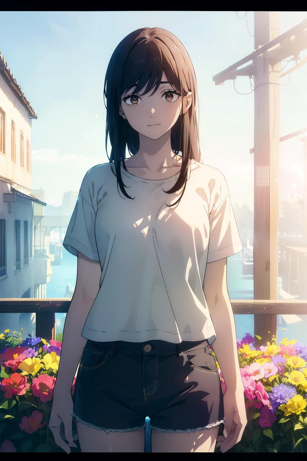 ((((Obra maestra, La mejor calidad, ultrahigh resolution)))), 1girl, standing, (baggy white t-shirt, loose fitting blue shorts, back hair, dark black hair over eye)), long hair cut, pale skin, ((brown eyes)), glowing_eyes, neon eyes, (ultra detailed eyes:0.7, beautiful and detailed face, detailed eyes:0.9), ((centered)), smile, ((wide shot)), facing viewer, (((vibrant background of outside, flowers, bright lighting, summer, sunlight))), flat chested, ((looking at viewer)), ((half closed eyes)), ((perfect hands)), ((head:1, hips, elbows, arms, in view)), (hands behind back), empty eyes, beautiful lighting, defined subject, 25 years old, ((cool looking)),