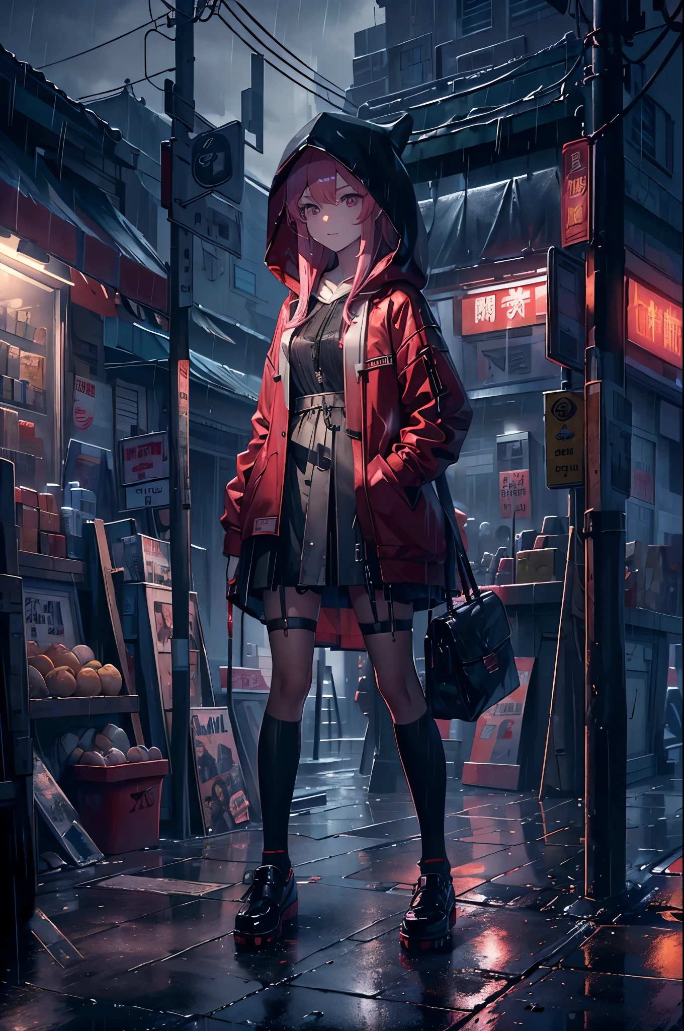 (8K,tmasterpiece,Best quality,hyper-detailing,realistically),Extremely detailed face,电影灯光,ray traycing,unlit hair, On cloudy streets,Guangming Street,Corner store,stairways,Torrential rain and heavy rain,Girl with long pink hair and black eyes,ssmile,She is wearing a red hooded jacket,Put on a hood,White color blouse,Short black skirt and black garter belt,Martin shoes,Clothes soaked by rain,Black exposure,outdoor depth tent ,
