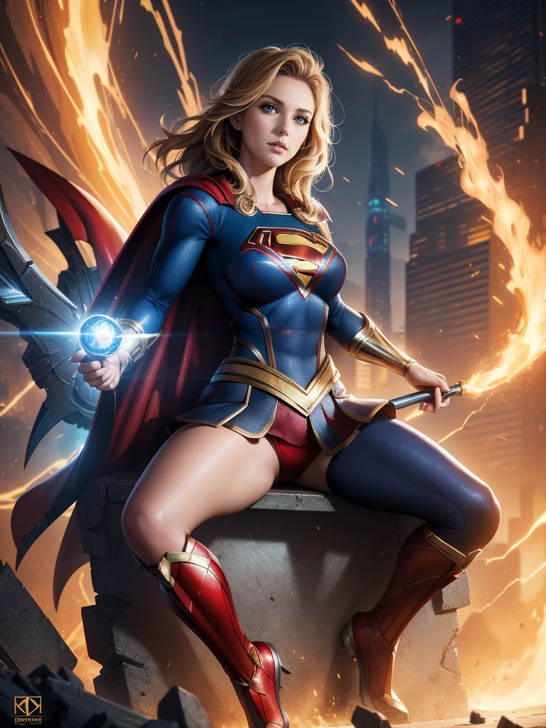(Best Quality, masterpiece, ultra-detailer, 32K resolution, extremely detailed), Digital Painting, Abstract expressionist painting "Hyperion", character concept art portrait, Supergirl, Straddling a throne, gigantic breasts, catastrophe,