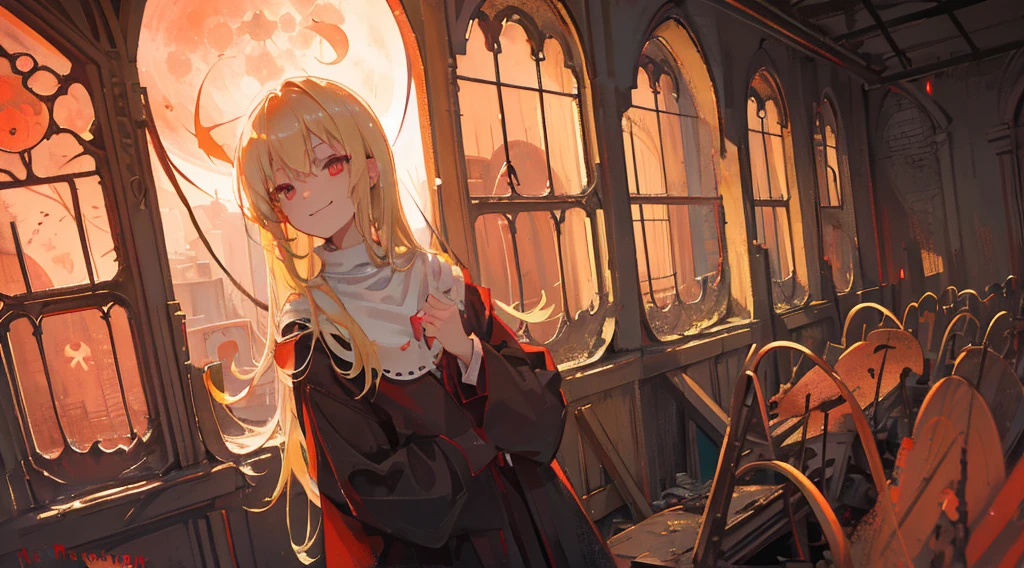 (sister, blonde hair, red eyes, creepy smile), (abandoned church, red moon outside the window)