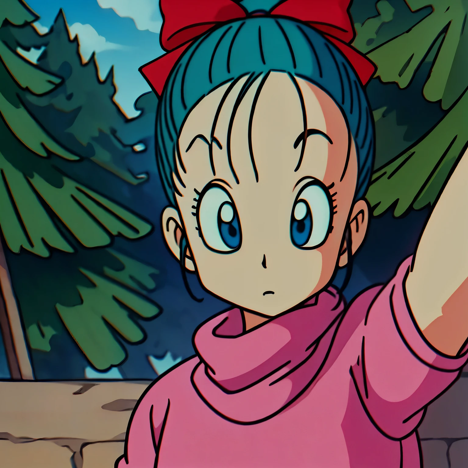 masterpiece, bulma, 1 girl solo, aqua hair, blue eyes, braid, ponytail, pink dress, selfie, woods