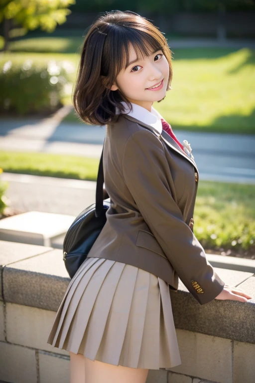 (((masterpiece))), (One beautiful Japan girl, classmates, Innocence,kawaii) ,超A high resolution, Realistic, ultra-detailliert, 8K,top-quality, Extremely detailed, Detailed background,A slender,very beautiful japanese girl, Detailed face:1.3), (Boyish short-haired,A dark-haired :1.4), (a ,kawaii系,adorable 14 year oPerfect body:1.1), (Brown blazer, Light brown pleated mini skirt), Provocative smile,Please show me your beautiful teeth,Super Detailed Face、Detailed lips、A detailed eye、small gravure idol,Transparent skin、Lori,Japanese high school uniform with the school emblem on the chest,Carrying a backpack、Leaning forward,sexy pose,Focus on the buttocks,facing back、In the classroom