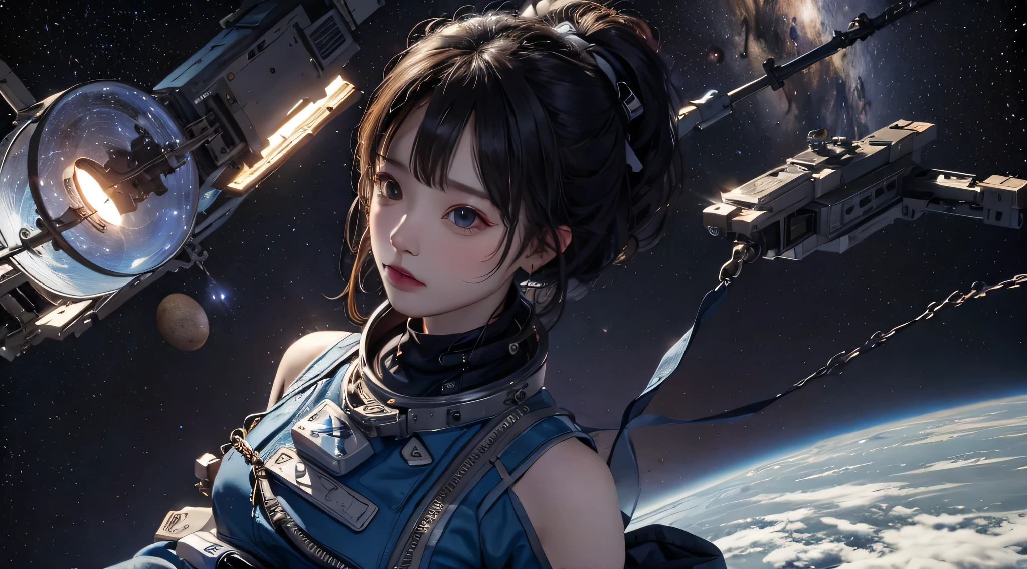 best quality, (masterpiece), Ultra-detailed, (novel illustration:1.2), (korean webtoon style:1.2), (bold line), (highres:1.2), dramatic light, 1girl, observatory, looking at space through long Telescope, space, planets, falling stars, light lines among planets, looking above, beutiful face, cogwheels,Blunt Bangs, purple eyes, long curly dark blue hair,a girl