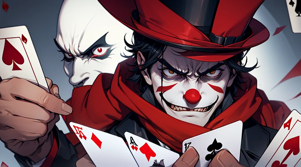 Man in top hat and clown mask and red scarf very angry looking at spectator and holding playing cards