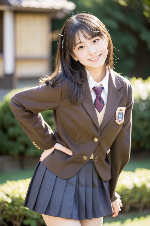 (((​masterpiece))),  (One beautiful Japan girl, classmates, Innocence，kawaii) ，超A high resolution, Realistic, ultra-detailliert, 8K,top-quality, Extremely detailed, Detailed background,A slender,very beautiful japanese girl, Detailed face:1.3), (Boyish short-haired，A dark-haired :1.4), (a baby face，kawaii系,adorable 14 year old girl), (Perfect body:1.1),  (Brown blazer, Light brown pleated mini skirt), Provocative smile,Please show me your beautiful teeth,Super Detailed Face、Detailed lips、A detailed eye、small gravure idol，Transparent skin、Lori，Japanese high school uniform with the school emblem on the chest，Carrying a backpack、Leaning forward，sexy  pose，Focus on the buttocks，facing back、In the classroom