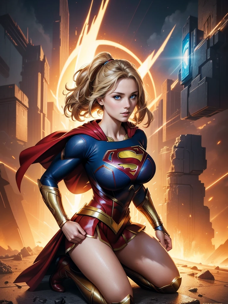 (Best Quality, masterpiece, ultra-detailer, 32K resolution, extremely detailed), Digital Painting, Abstract expressionist painting "Hyperion", character concept art portrait, Supergirl, Kneeling pose, gigantic breasts, catastrophe,