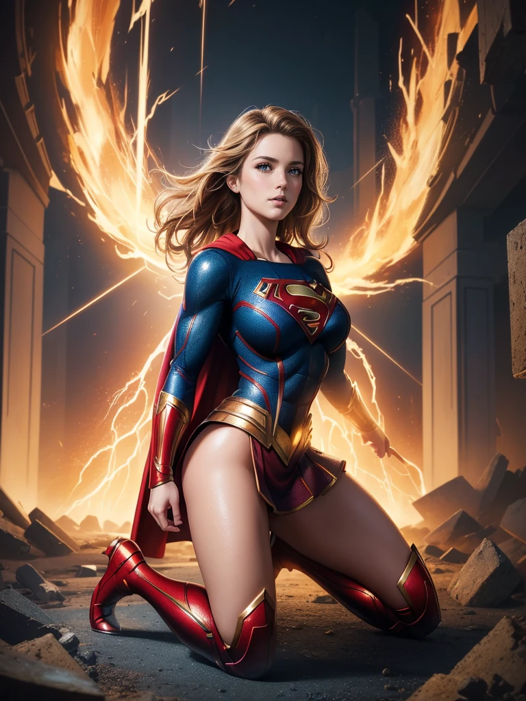 (Best Quality, masterpiece, ultra-detailer, 32K resolution, extremely detailed), Digital Painting, Abstract expressionist painting "Hyperion", character concept art portrait, Supergirl, Kneeling pose, gigantic breasts, catastrophe,