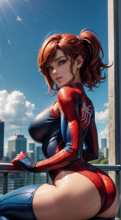 leve sorriso, a superhero dressed as Spider-Man, no mask on. a woman in a swimsuit-like Spider-Man costume, Showing ass to camera, Cabelo comprido vermelhos, seios enormes, Athletic body, Vibrant and dynamic style, with solid colors and defined contours. highlighting the heroine. No distortions or imperfections. Centralized composition, foco na personagem. 8K分辨率, dimensions of 2040x2040 pixels. 
Keep female representation strong and respectful, emphasizing her role as a superhero. Ensure a balanced and coherent aesthetic with the Spider-Man universe.