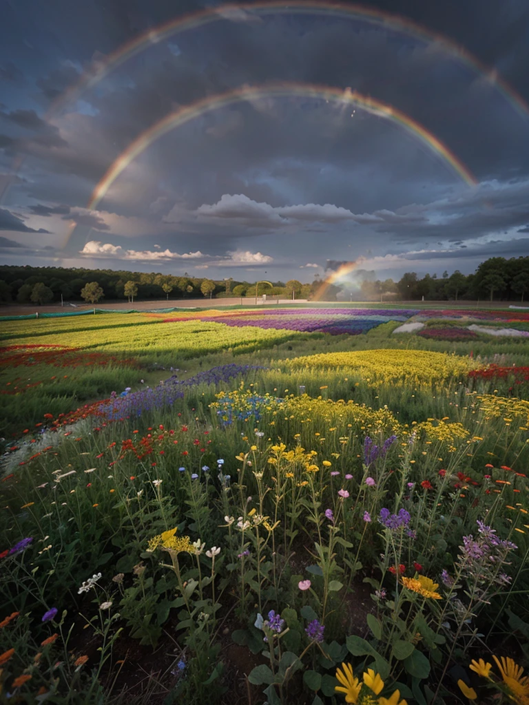 A field of wildflowers blooming in a rainbow of colors