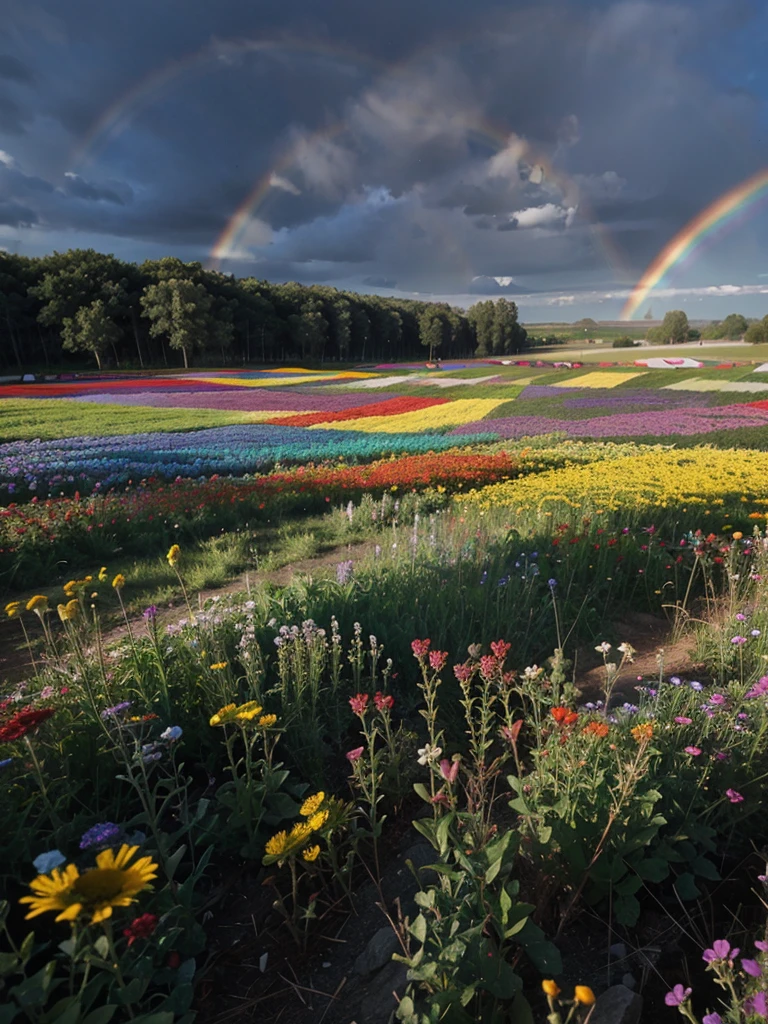 A field of wildflowers blooming in a rainbow of colors
