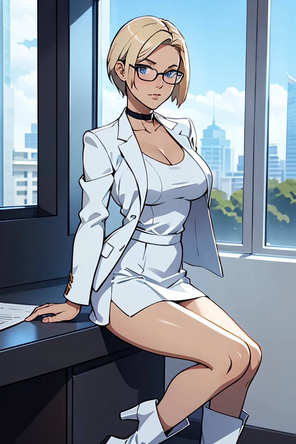 female, short straight blonde hair, blue eyes, white suit jacket, white skirt, long white high heel boots, black choker, no t shirt, medium boobs, glasses, blushing, in front of a window