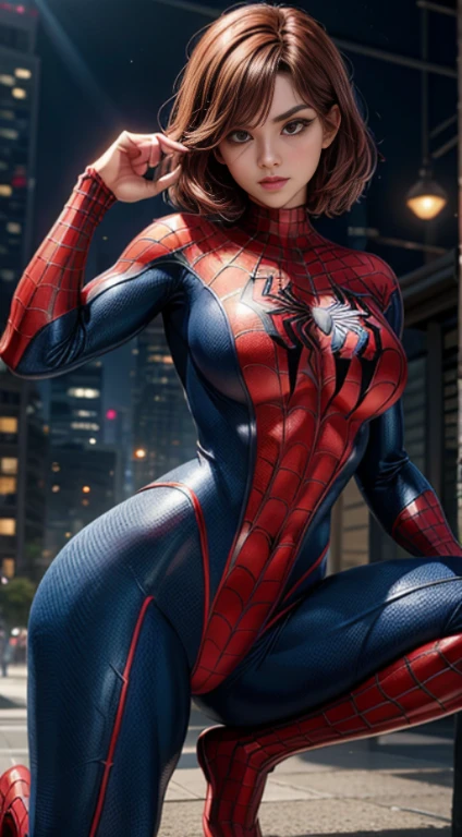 leve sorriso, a superhero dressed as Spider-Man, no mask on. a woman in a swimsuit-like Spider-Man costume, foto de corpo inteiro, Cabelo comprido vermelhos, seios enormes, Athletic body, Vibrant and dynamic style, with solid colors and defined contours. highlighting the heroine. No distortions or imperfections. Centralized composition, foco na personagem. 8K分辨率, dimensions of 2040x2040 pixels. 
Keep female representation strong and respectful, emphasizing her role as a superhero. Ensure a balanced and coherent aesthetic with the Spider-Man universe.