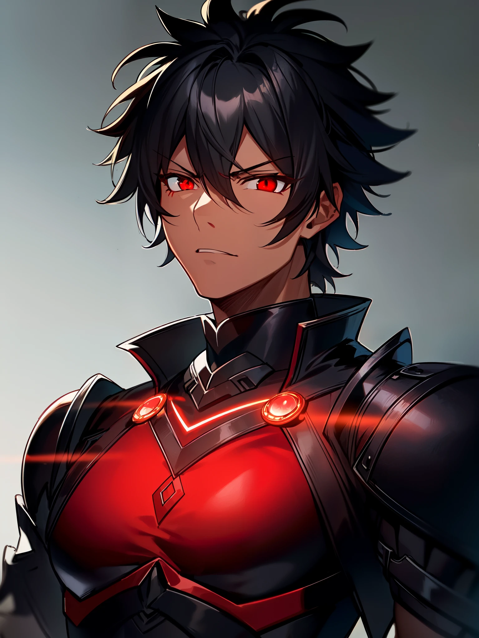 ((red eyes)), ((black hair)), ((serious expression)), ((warrior of darkness)), (((black clothing))), ((dark skin)), ((mature male)), 1boy, beautifully drawn, high resolution illustration, best quality, High definition, ((detailed anime sketch)), Masterpiece, (solo), absurdres, portrait, ((upper body)), ((wild hair)), detailed background, fine detail, male focus, HDR, ((short hair))