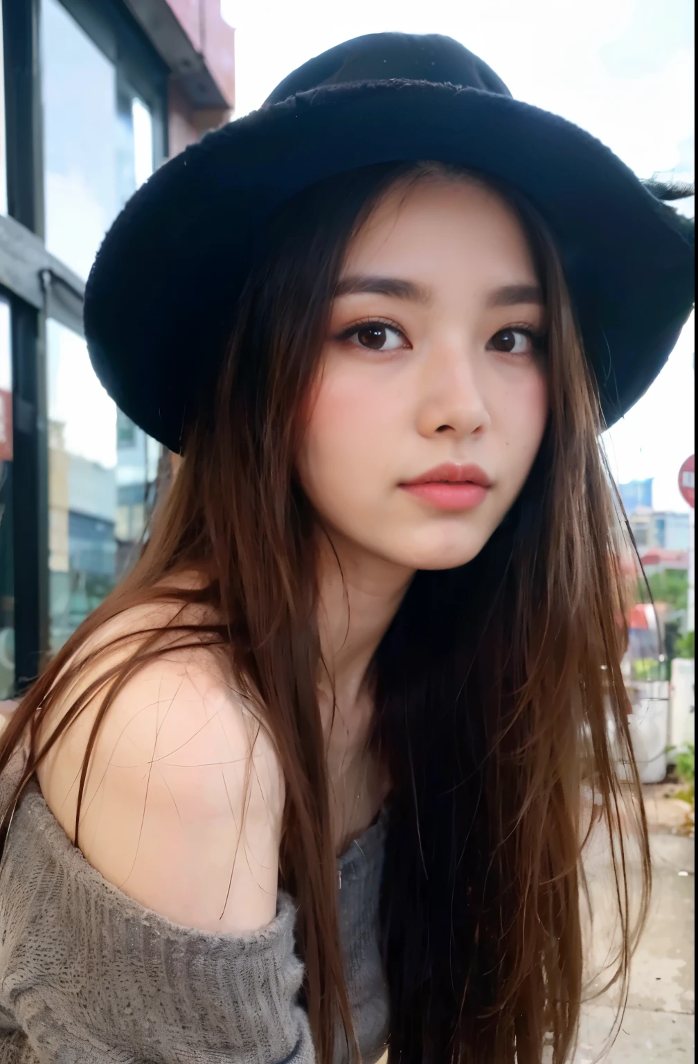 (8k, RAW photo, best quality, mastery:1.3), (realistic, photo-realistic:1.37), (looking viewer:1.331), (brunette hair), posing, Singapore street, nightcityscape, cyberpunk city, soft light, 1girl, extremely beautiful face , Perfect body proportions, (small face: 1.1), bust, casual hairstyle, smile, big eyes, (off-shoulder cowboy attire, cowboy hat, cowboy boots), mix4, detailed eyes