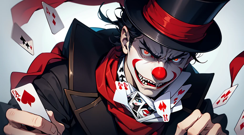Man in top hat and clown mask and red scarf very angry looking at the spectator with thunder eyes and holding playing cards