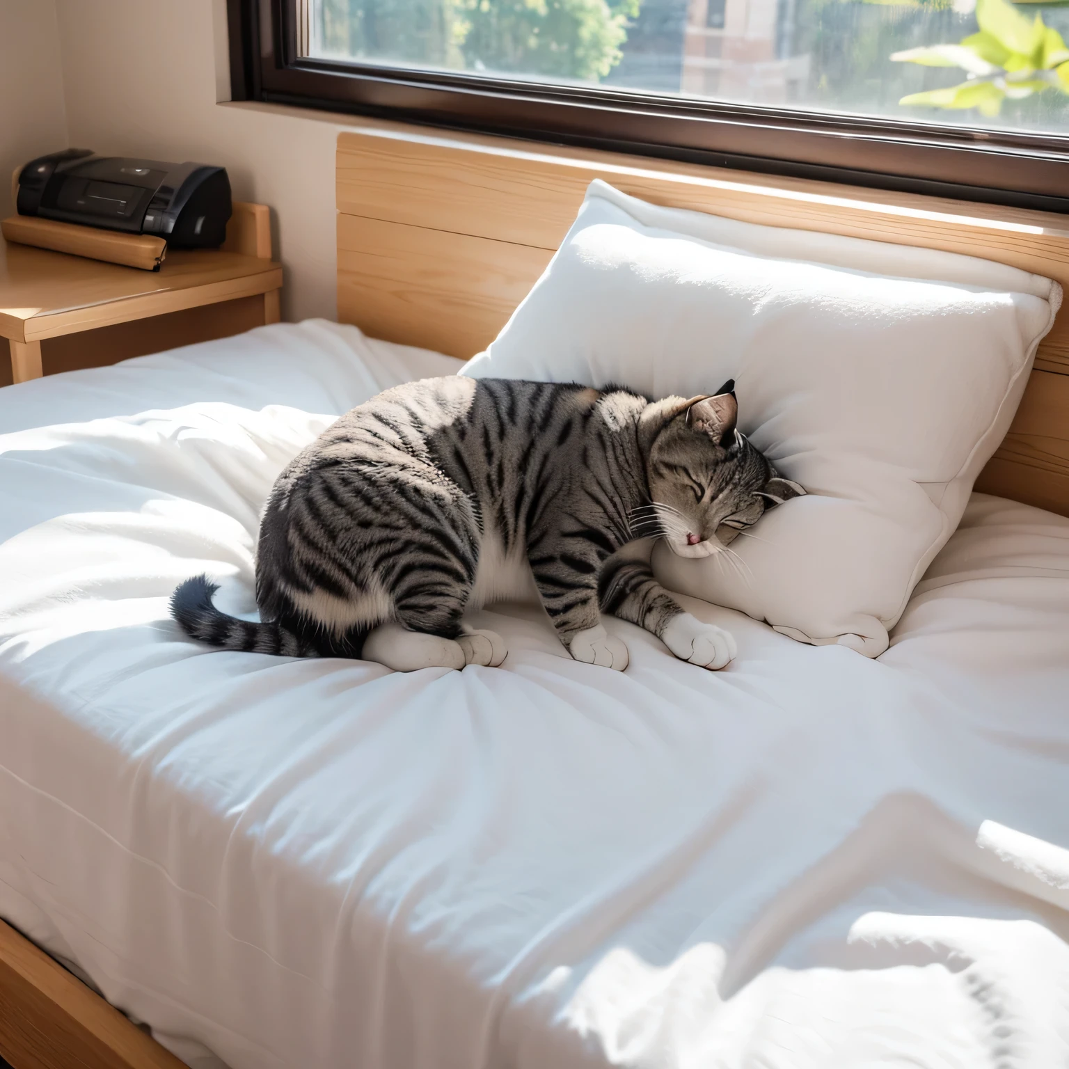 The mattress in the bedroom is comfortable and soft，A cat sleeps on the mattress， The weather outside the window was sunny，4K，photography，Highly accurate