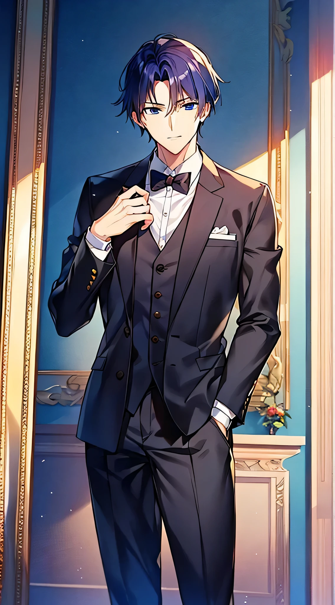 anime man in a suit and tie standing in a room, anime portrait of a handsome man, anime handsome man, handsome anime pose, young anime man, handsome guy in demon slayer art, male anime style, smooth anime cg art, male anime character, tall anime guy with blue eyes, in a strict suit, digital anime illustration, he is wearing a suit