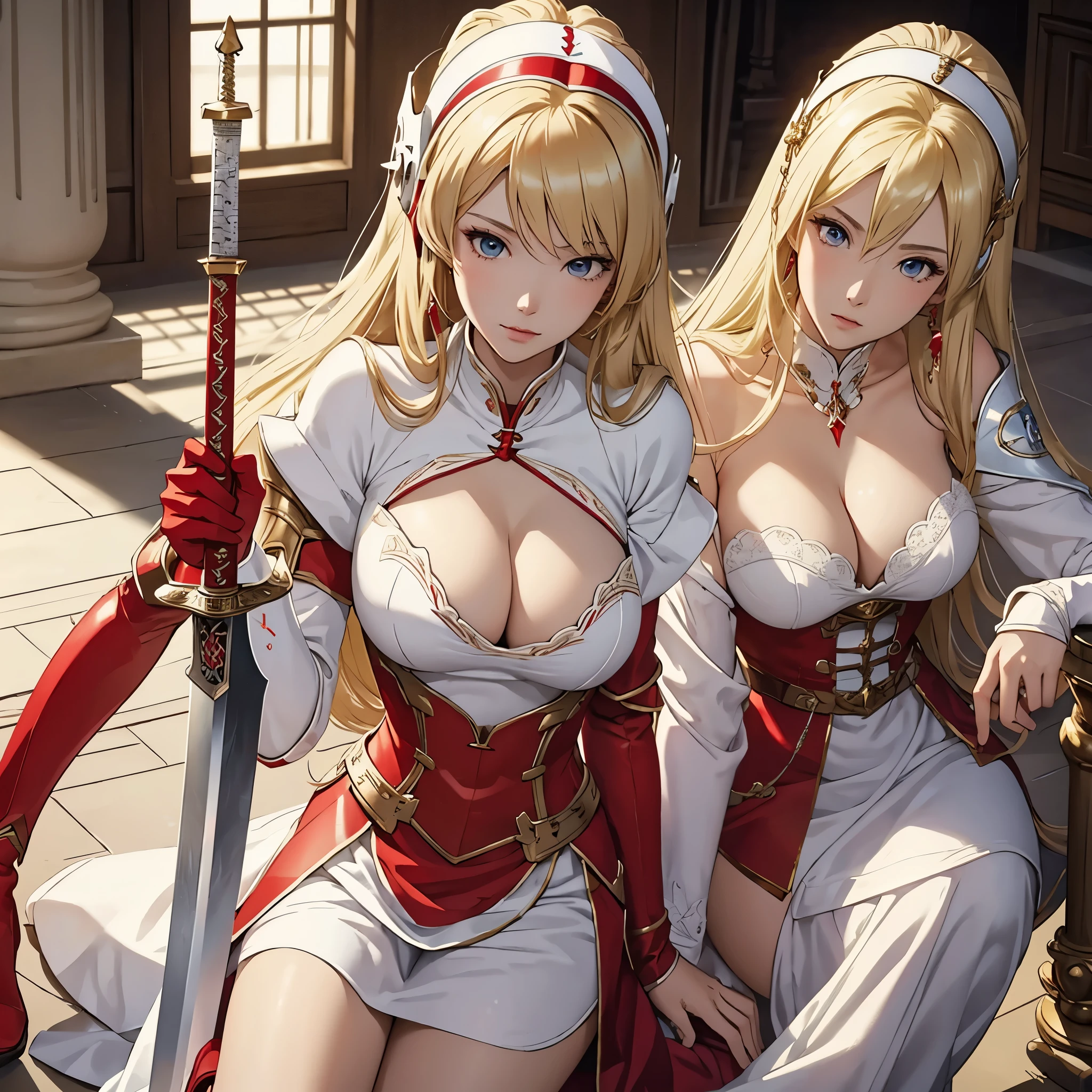 Masterpiece, best quality, White headphone, blonde, Korean woman, tall, slender, Female Knight, red gauntlet, red boots, Sword, beautiful face, beautiful hand, anime pastel, , Castle
