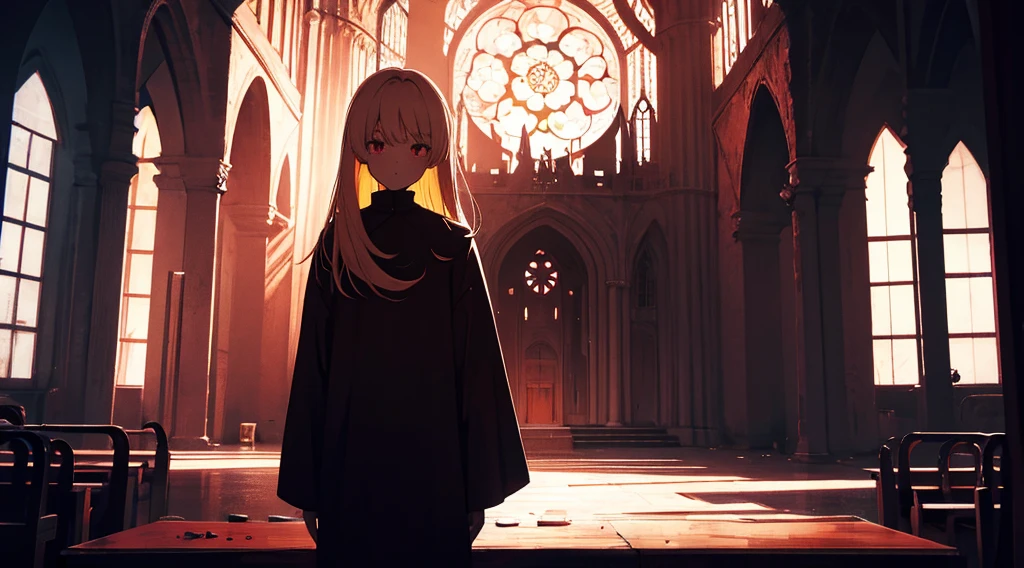 (sister, blonde hair, red eyes), (abandoned church, red moon outside the window), (low contrast, flat color, limited palette)
