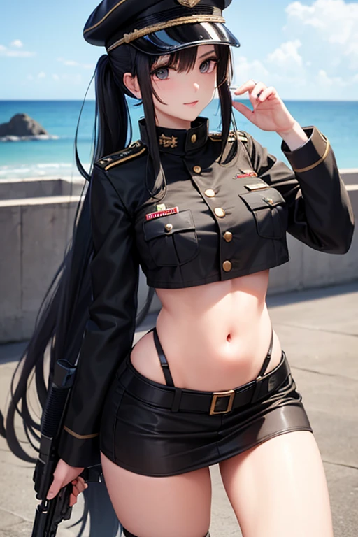 Military Uniform, Long Black Hair, Breast, Military Cap, Ponytail, Bikini, Gun