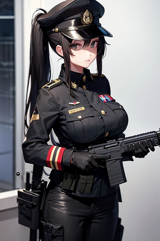 Military Uniform, Long Black Hair, Breast, Military Cap, Ponytail, Bikini, Gun