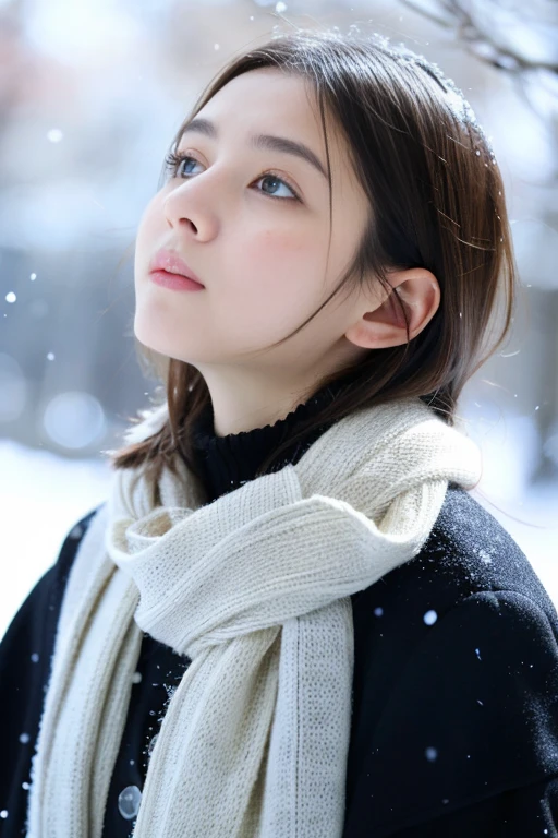 1 female、Beautuful Women、Blue eyes、brue eyes、Semi-long、Beautiful hair color、it&#39;snowflakes falling、i&#39;became invisible、Well-shaped eyebrows lined up horizontally、sad Facial expression、25-years old、24 year old、touch the snow、Wear a muffler、A wistful look、snowflakes falling冬景色、depth of fields、High quality、profile、Facing the side、The eye is looking up