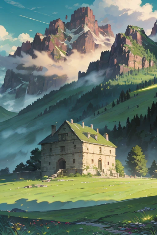 dilapidated castle, tall green grass, mountains in background