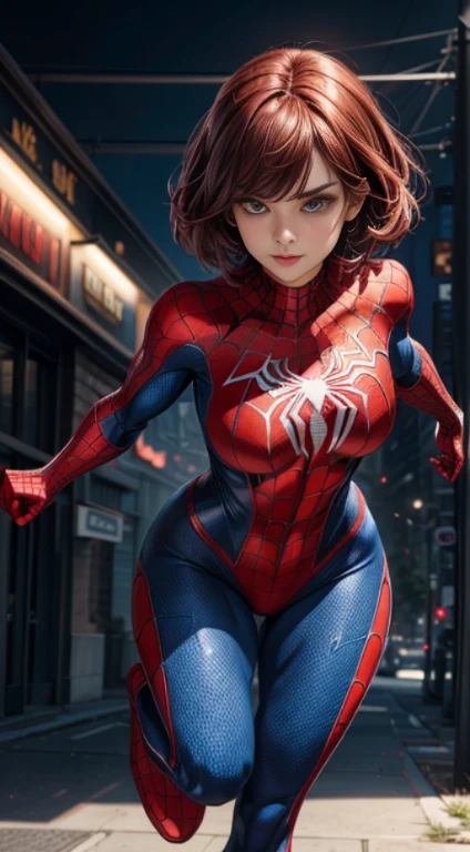 leve sorriso, a superhero dressed as Spider-Man, no mask on. a woman in a swimsuit-like Spider-Man costume, foto de corpo inteiro, Cabelo comprido vermelhos, seios enormes, Athletic body, red and blue knee-high boots, Vibrant and dynamic style, with solid colors and defined contours. highlighting the heroine. No distortions or imperfections. Centralized composition, foco na personagem. 8K分辨率, dimensions of 2040x2040 pixels. 
Keep female representation strong and respectful, emphasizing her role as a superhero. Ensure a balanced and coherent aesthetic with the Spider-Man universe.