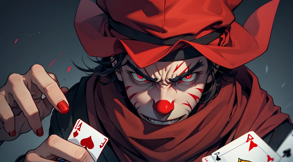 Man in cap and clown mask and red scarf very angry looking at the spectator and with his thunder eyes and holding playing cards