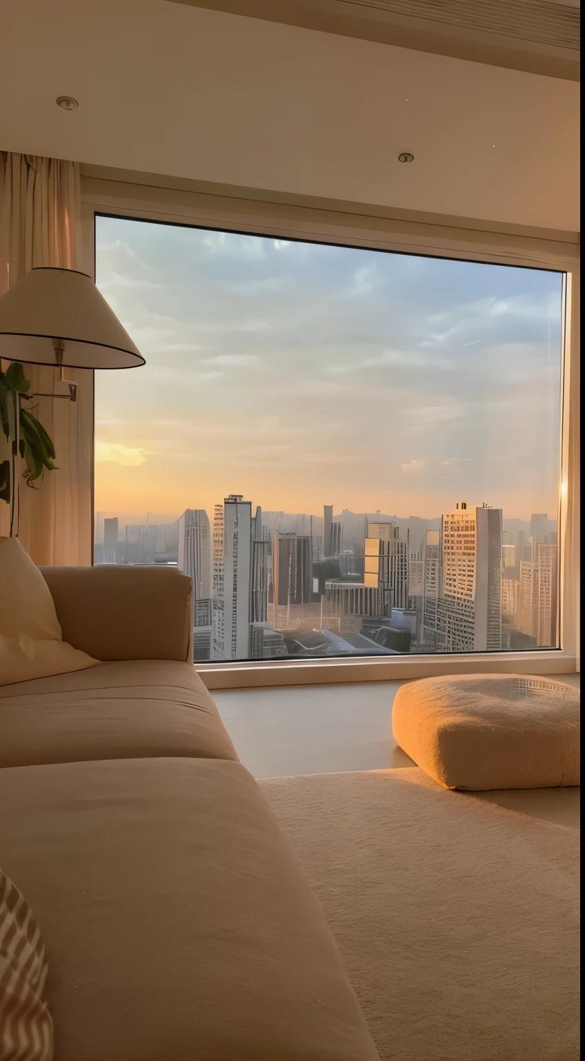 Living room with sofa and large window with view, 北京的prime time, Cooldown time. Good view, Overlooking the modern city, beautful view, city apartment cozy calm, Beautiful and beautiful, in a japanese apartment, cinematic morning light, prime time, beautful view, prime time阳光, Spectacular views, city apartment