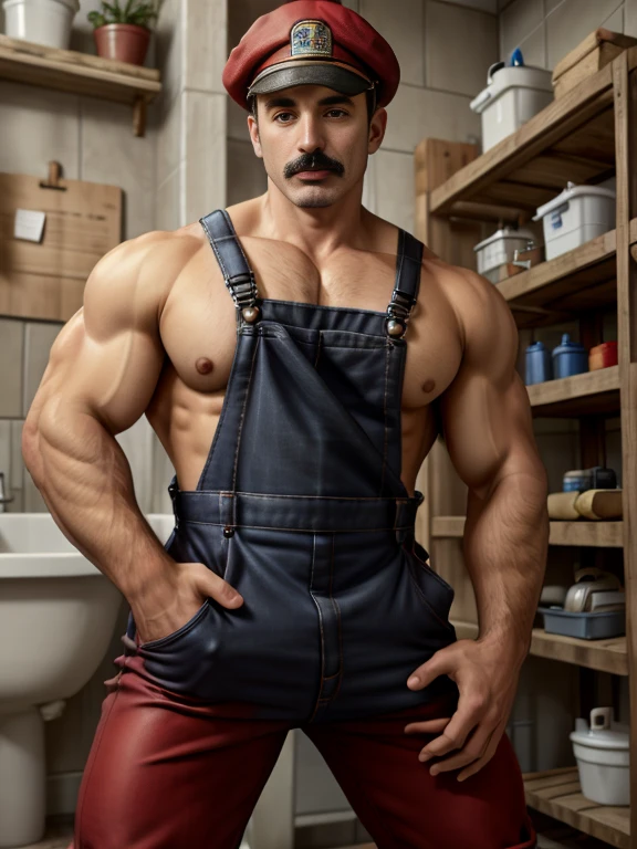 1man, bodybuilder,plumber,normal short mustache ,red cap,red overalls