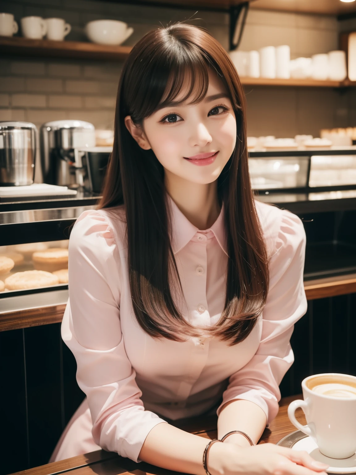 (Top quality, 8K, Masterpiece: 1.3), Beautiful girl, Pure, Melon face, Kind and cute, Sweet smile, Pure desire, Slender body, (Front), (Tilted head), (Looking at camera), (Pink Wearing a business suit), black smooth medium hair, long flowing shoulders, round black big eyes, clear big eyes, moist red lips, sweet, sitting in a cafe, cafe shop background, (full body),