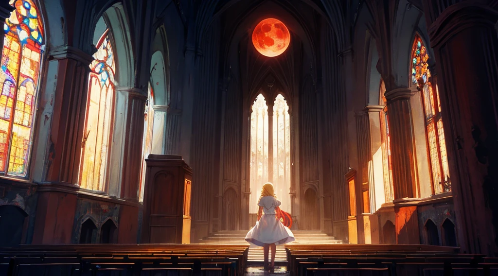 (sister, blonde hair, red eyes), (abandoned church, red moon outside the window)