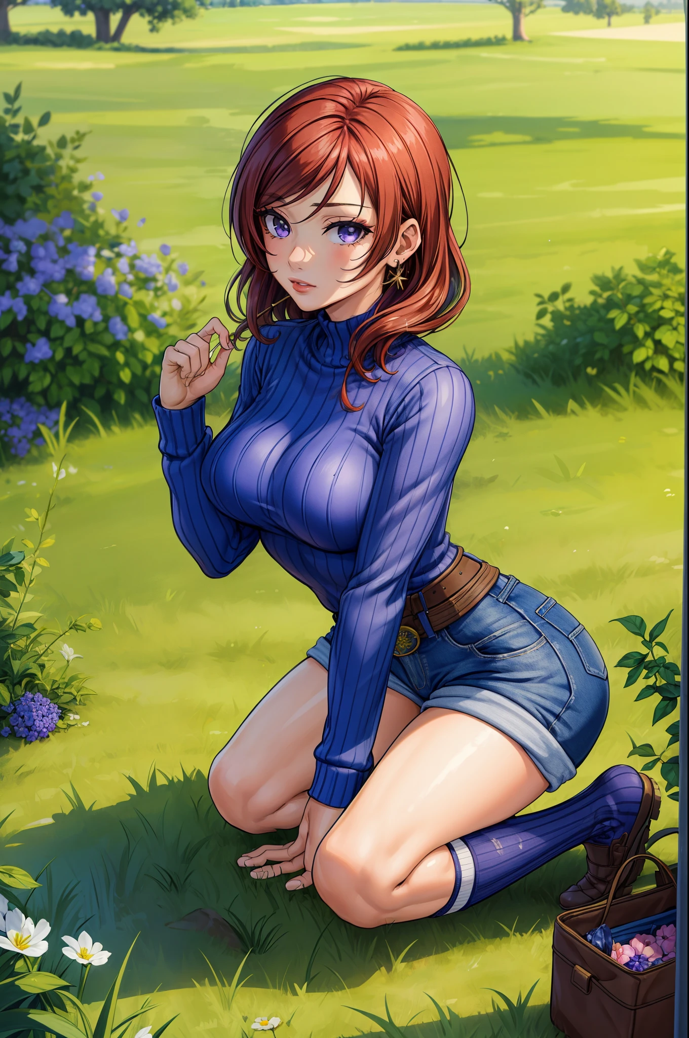 (Masterpiece, Best Quality, High Quality:1.4), professional artwork, well drawn, Intricate Details, field of view, kneeling, sitting,on ground 
Nishikino maki, race background, night, 
Red hair, lipstick, makeup, big breasts,ultra detail hair, ultra detail face, perfect eyes, perfect face, earring, purple eyes, sad,
Tight short denim shorts, tight sweater,long socks.