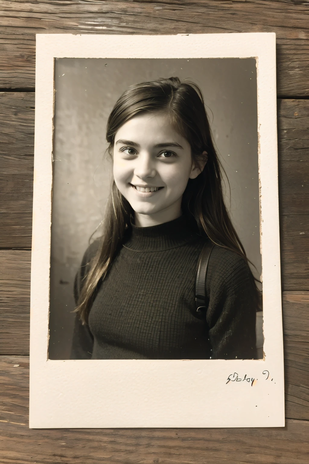 [old picture] [masterpiece] A very strapped old portrait of a  girl smiling into the camera with her friends, german appearance, damaged quality photo elements, old camera style photo, polaroid old photo style, old colors, old paper textured photo