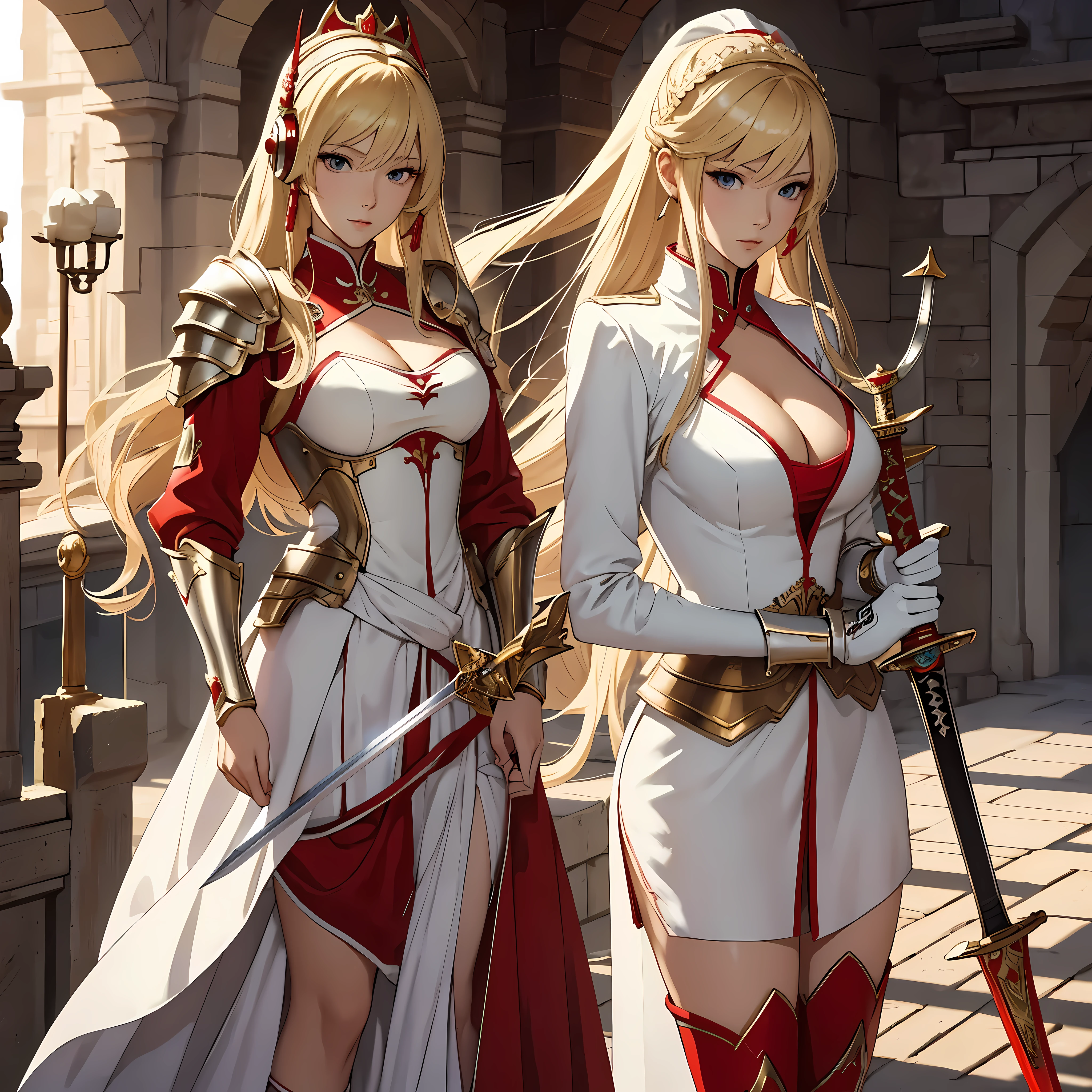 Masterpiece, best quality, White headphone, blonde, Korean woman, tall, slender, Female Knight, red gauntlet, red boots, Sword, beautiful face, beautiful hand, anime pastel, cleavage, Castle