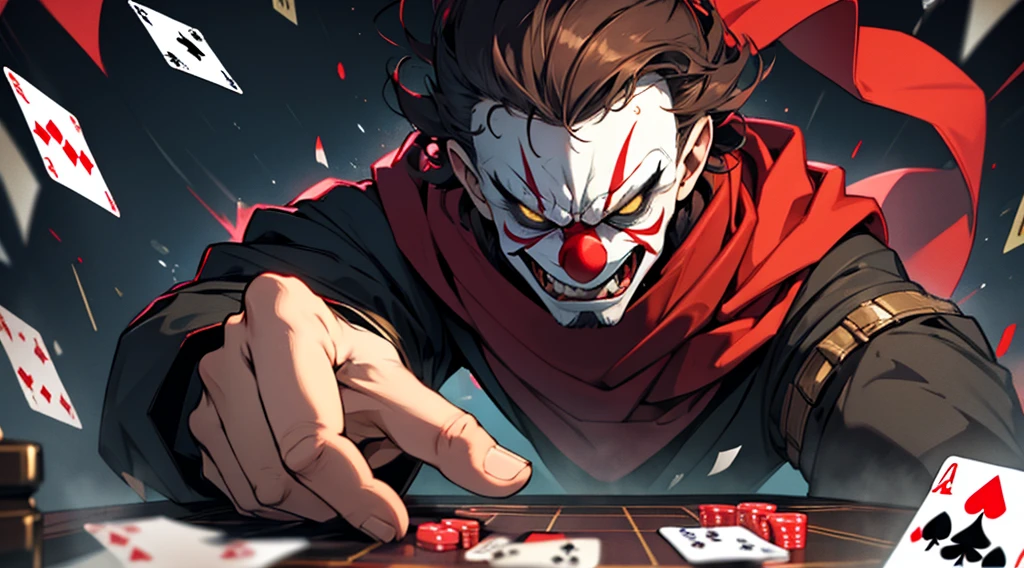 Man wearing a helmet and clown mask and a red scarf very angry looking at the spectator with thundering eyes and throwing playing cards