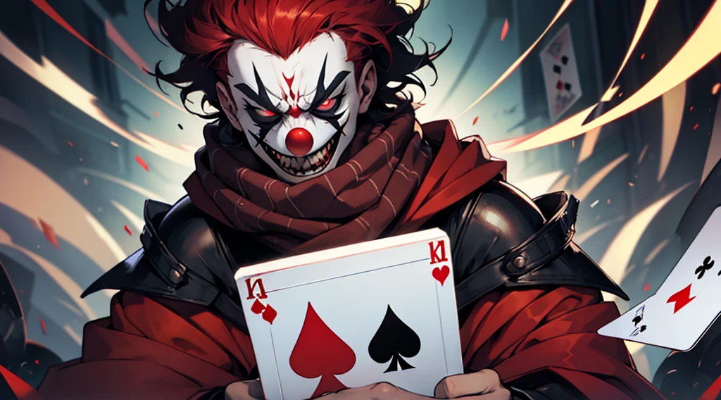 Man wearing a helmet and clown mask and a red scarf very angry looking at the spectator with thundering eyes and throwing playing cards