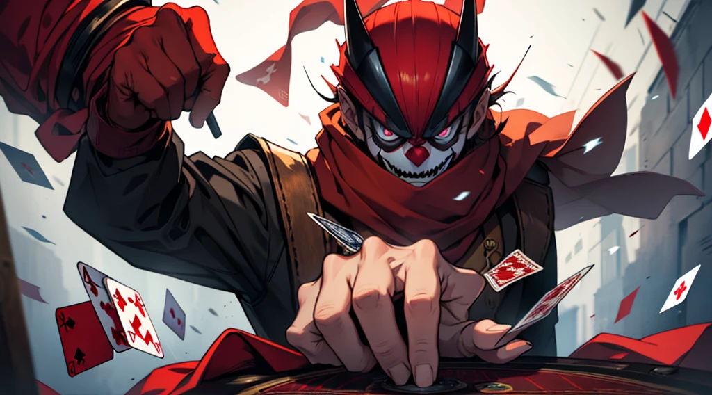 Man wearing a helmet and clown mask and a red scarf very angry looking at the spectator with thundering eyes and throwing playing cards