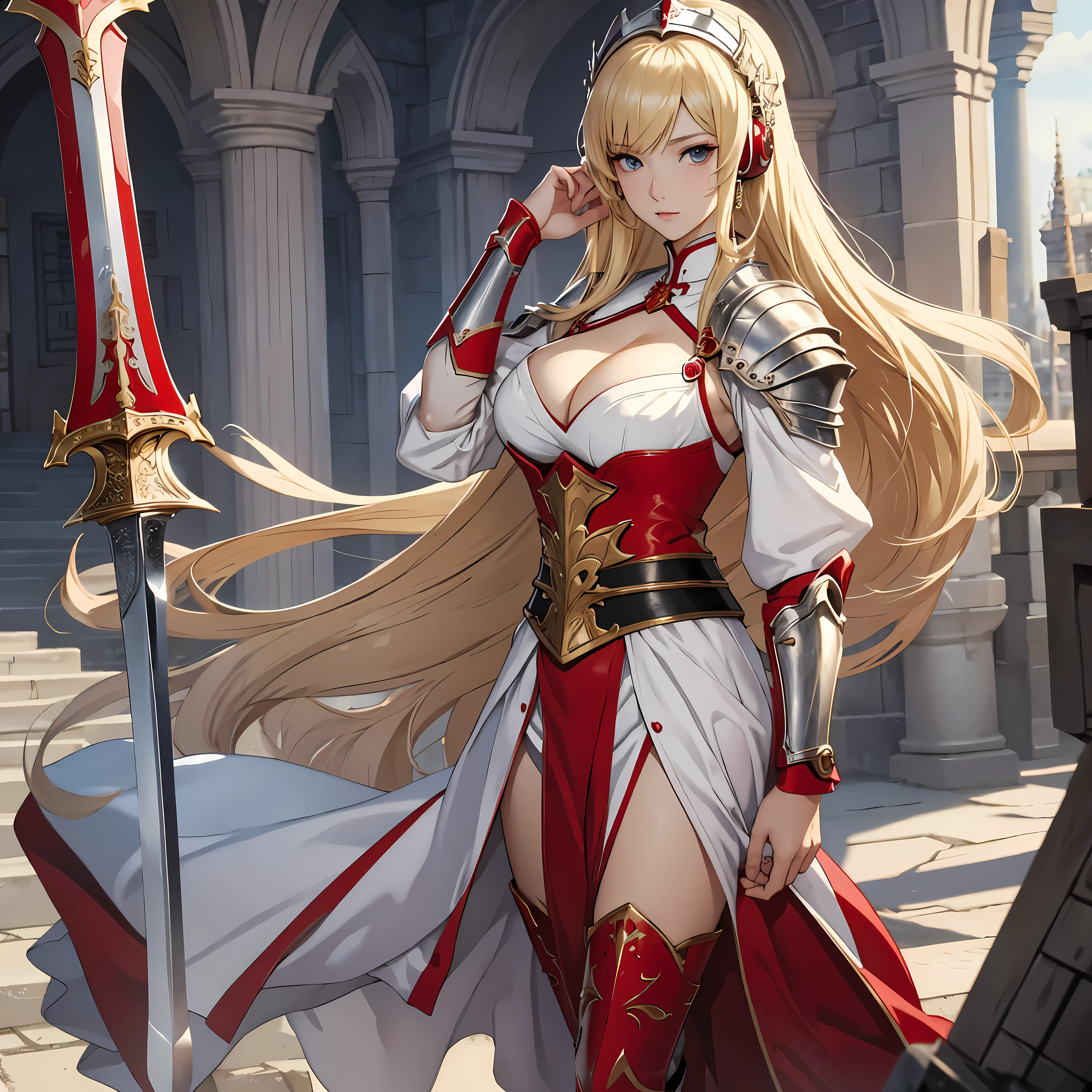 Masterpiece, best quality, White headphone, blonde, Korean woman, tall, slender, Female Knight, red gauntlet, red boots, Sword, beautiful face, beautiful hand, anime pastel, cleavage, Castle