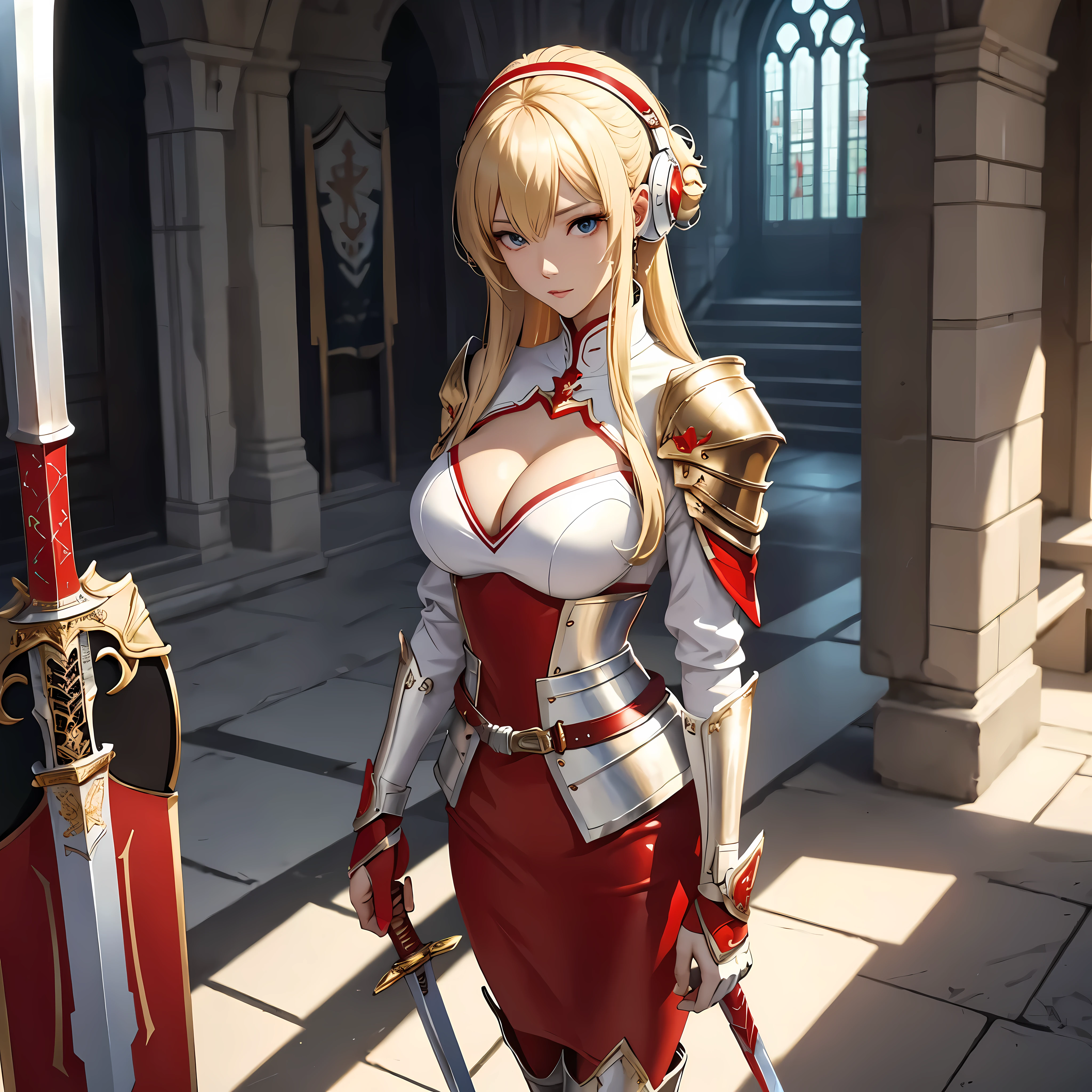 Masterpiece, best quality, White headphone, blonde, Korean woman, tall, slender, Female Knight, red gauntlet, red boots, Sword, beautiful face, beautiful hand, anime pastel, cleavage, Castle